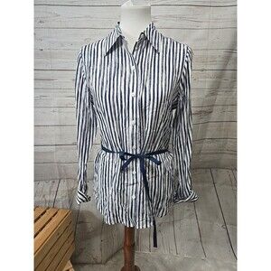 NWOT Foxcroft Women's Long Sleeve Button Front Belted Shirt Stripe Fitted Size 6